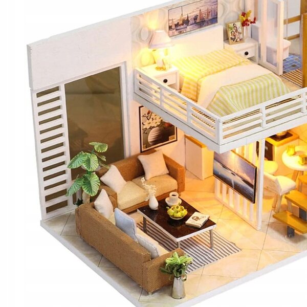 Dollhouse Habarri in Legno con Luci LED, Casetta Moderna a Due Piani 13 cm