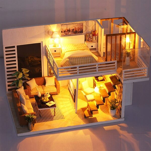 Dollhouse Habarri in Legno con Luci LED, Casetta Moderna a Due Piani 13 cm