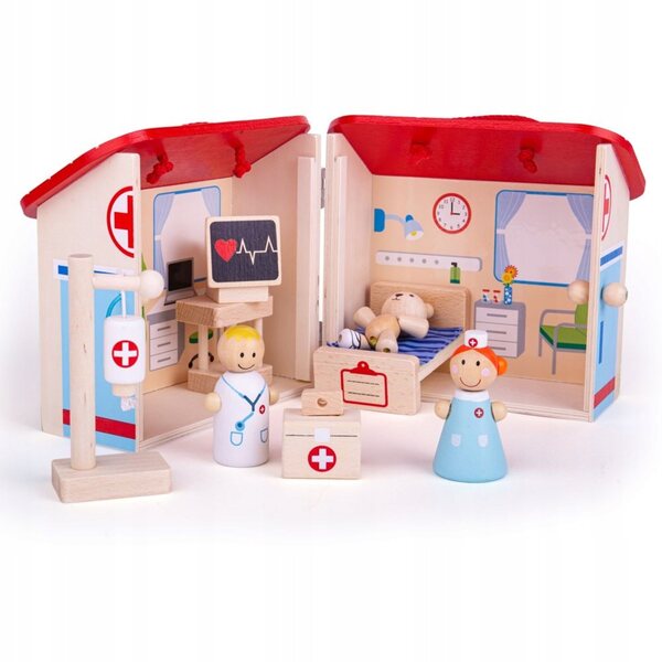 Bigjigs Toys Mini-Krankenhaus aus Holz mit 9 Zubehörteilen für Kinder ab 3 Jahren