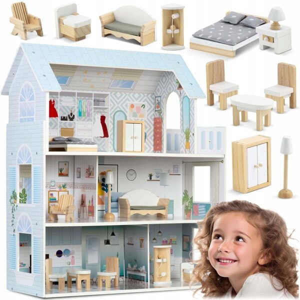 Grande casetta in legno per bambole a 3 piani RicoKids 70 cm - gioco creativo 3+