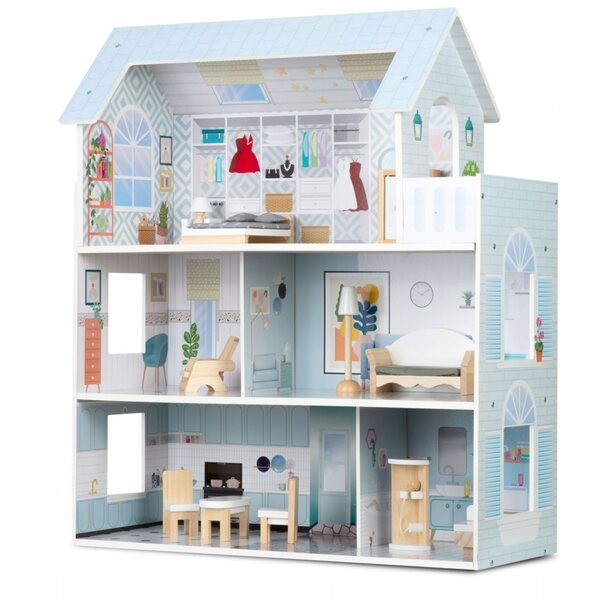 Grande casetta in legno per bambole a 3 piani RicoKids 70 cm - gioco creativo 3+