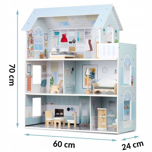 Grande casetta in legno per bambole a 3 piani RicoKids 70 cm - gioco creativo 3+