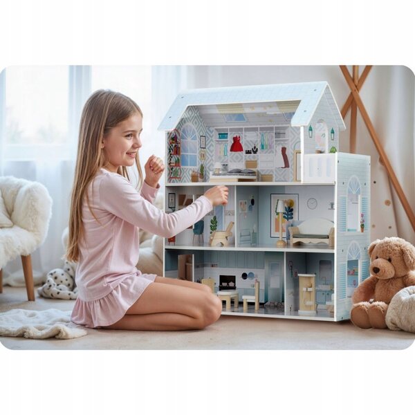Grande casetta in legno per bambole a 3 piani RicoKids 70 cm - gioco creativo 3+