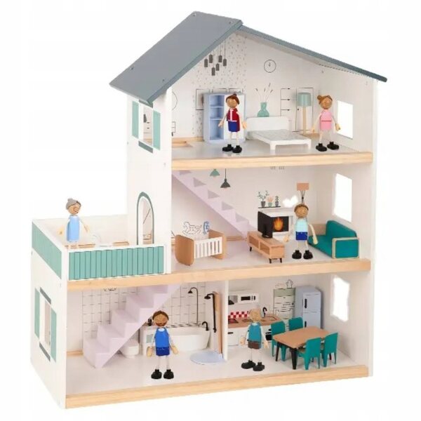 Grande Casa delle Bambole in Legno con Mobili e Figure FSC per Bambini 3+