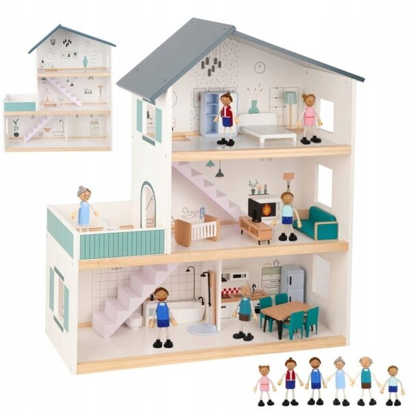 Großes Puppenhaus aus Holz mit Möbeln und FSC-Figuren für Kinder ab 3 Jahren