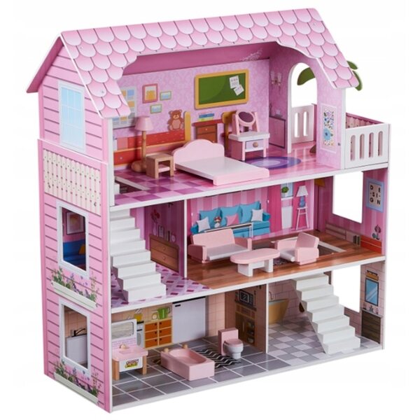Casa delle bambole Lulilo 70 cm - Villa rosa in legno con 5 stanze e terrazza