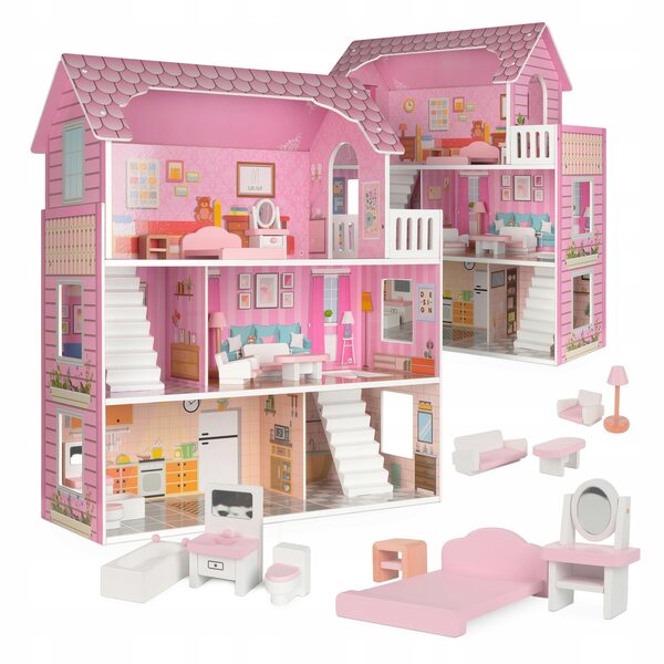 Casa delle bambole Lulilo 70 cm - Villa rosa in legno con 5 stanze e terrazza