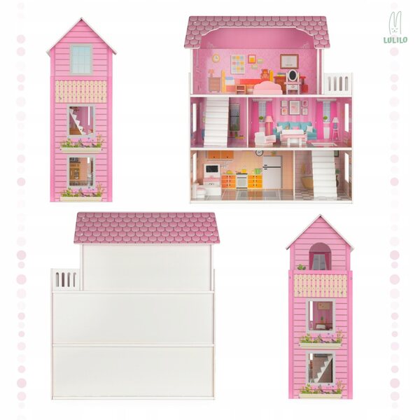 Casa delle bambole Lulilo 70 cm - Villa rosa in legno con 5 stanze e terrazza