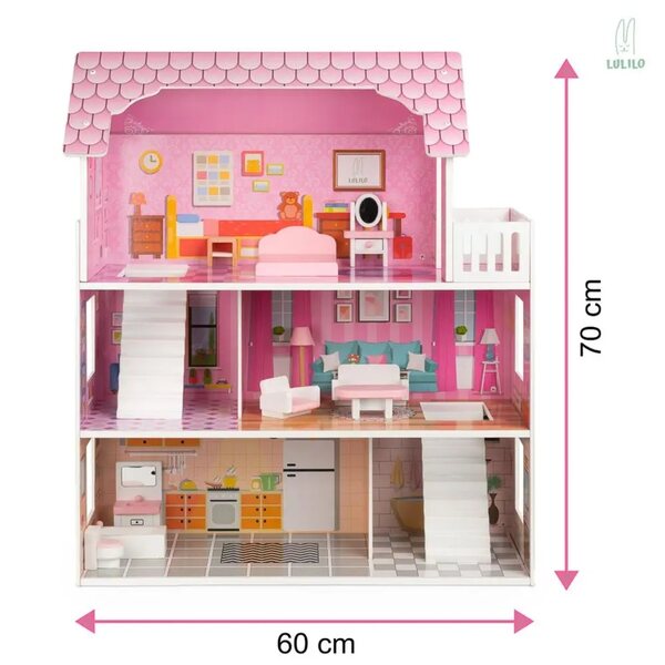 Casa delle bambole Lulilo 70 cm - Villa rosa in legno con 5 stanze e terrazza