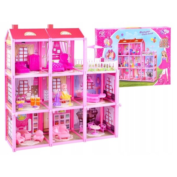 Casa delle bambole rosa LandToys con 3 piani e mobili, 65 cm