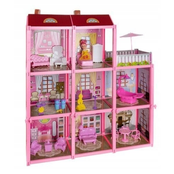 Casa delle bambole rosa LandToys con 3 piani e mobili, 65 cm