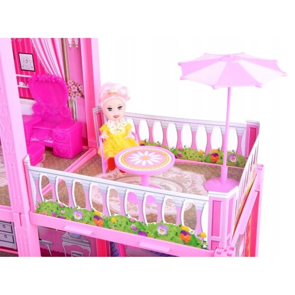 Casa delle bambole rosa LandToys con 3 piani e mobili, 65 cm