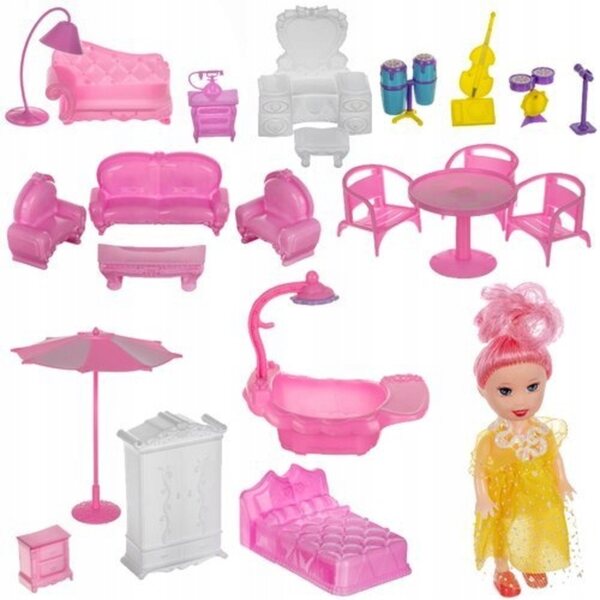 Casa delle bambole rosa LandToys con 3 piani e mobili, 65 cm