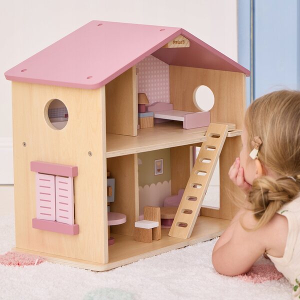 VIGA PolarB großes Puppenhaus aus Holz mit 17 Zubehörteilen für Kinder