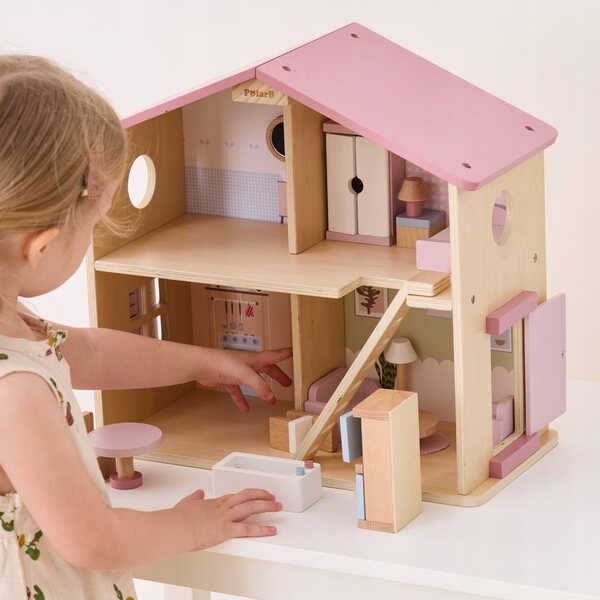 VIGA PolarB großes Puppenhaus aus Holz mit 17 Zubehörteilen für Kinder