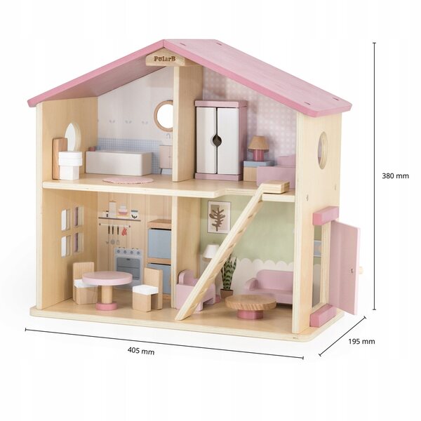VIGA PolarB großes Puppenhaus aus Holz mit 17 Zubehörteilen für Kinder