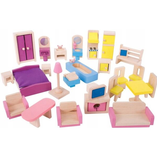 BigJigs Holzmöbel für Puppenhaus, 26 sichere farbige Teile