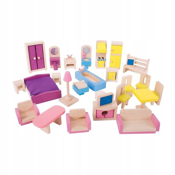 BigJigs Holzmöbel für Puppenhaus, 26 sichere farbige Teile