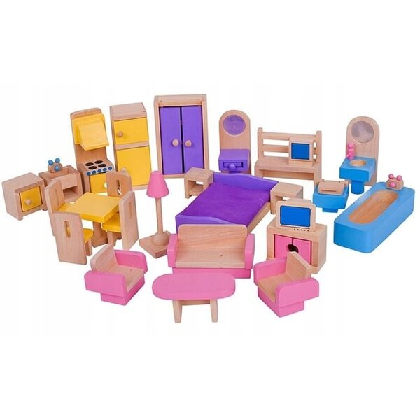 BigJigs Holzmöbel für Puppenhaus, 26 sichere farbige Teile