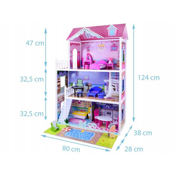 Casa delle bambole in legno Jokomisiada, grande, con illuminazione a LED, 124 cm
