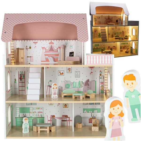 Casa delle bambole in legno LULILO Peonio 70 cm con LED e balcone rosa