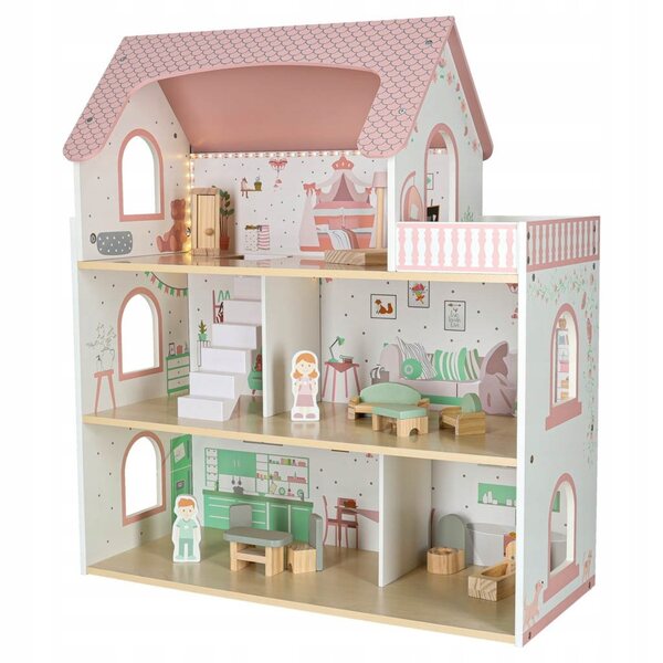 Casa delle bambole in legno LULILO Peonio 70 cm con LED e balcone rosa