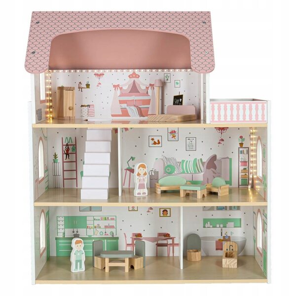 Casa delle bambole in legno LULILO Peonio 70 cm con LED e balcone rosa