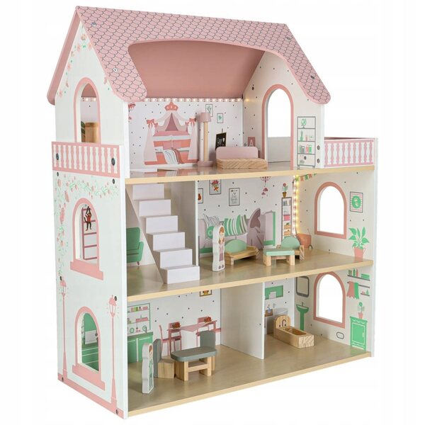 Casa delle bambole in legno LULILO Peonio 70 cm con LED e balcone rosa