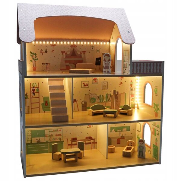 Casa delle bambole in legno LULILO Peonio 70 cm con LED e balcone rosa