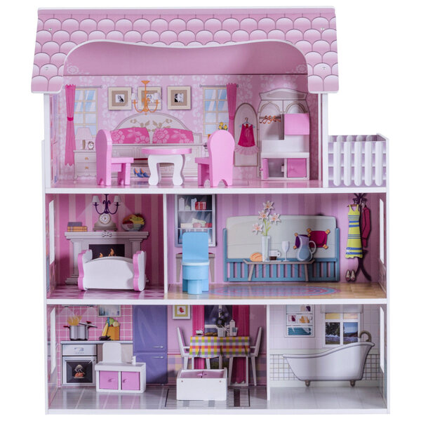 3-stöckiges Puppenhaus aus Holz 71 cm mit rosa Möbeln und Zubehör