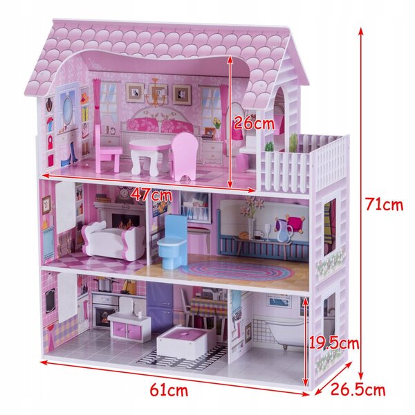 3-stöckiges Puppenhaus aus Holz 71 cm mit rosa Möbeln und Zubehör