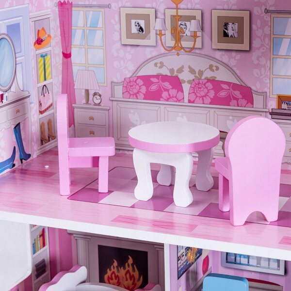 3-stöckiges Puppenhaus aus Holz 71 cm mit rosa Möbeln und Zubehör
