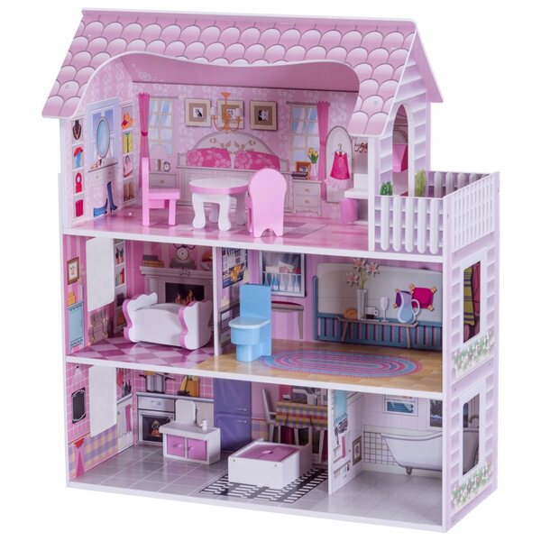 3-stöckiges Puppenhaus aus Holz 71 cm mit rosa Möbeln und Zubehör