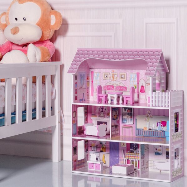 3-stöckiges Puppenhaus aus Holz 71 cm mit rosa Möbeln und Zubehör