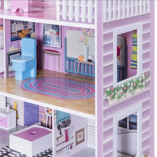 3-stöckiges Puppenhaus aus Holz 71 cm mit rosa Möbeln und Zubehör