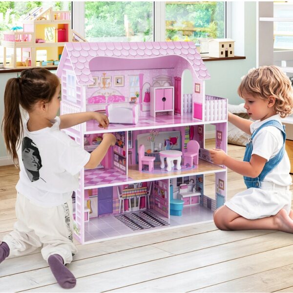 3-stöckiges Puppenhaus aus Holz 71 cm mit rosa Möbeln und Zubehör