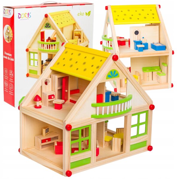 Doris' hölzernes Puppenhaus, 38 cm, mit 24 Möbeln, für Kinder ab 3 Jahren