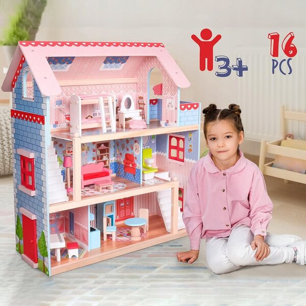 Casa per bambole in legno Infantastic con luci LED e mobili, 71 cm