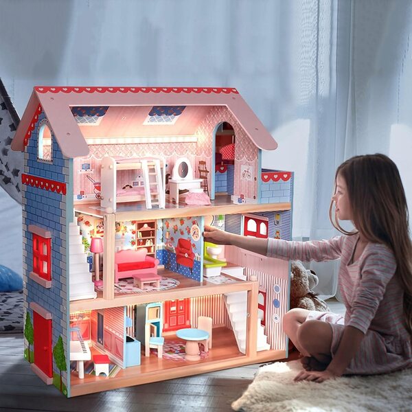 Casa per bambole in legno Infantastic con luci LED e mobili, 71 cm