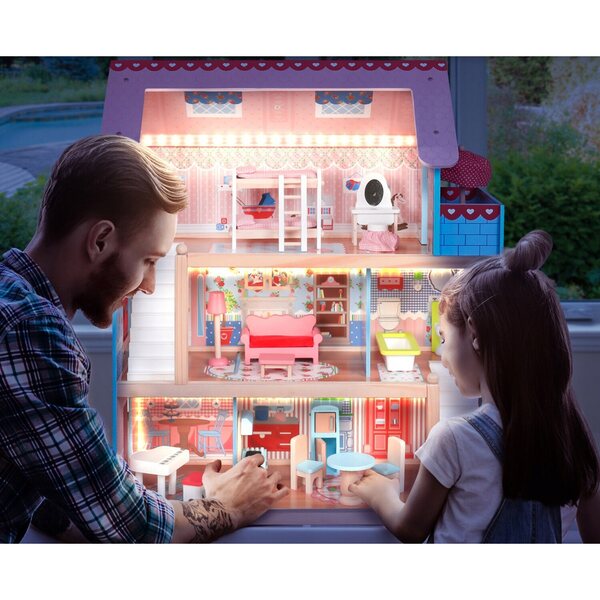 Casa per bambole in legno Infantastic con luci LED e mobili, 71 cm