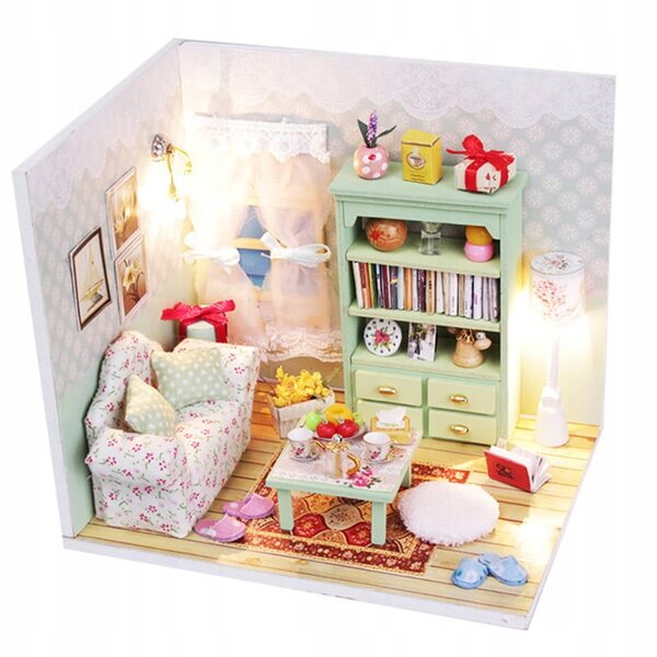 Gemütliches Miniatur-Wohnzimmerhaus mit LED für Puppen – Bausatz aus Holz und MDF