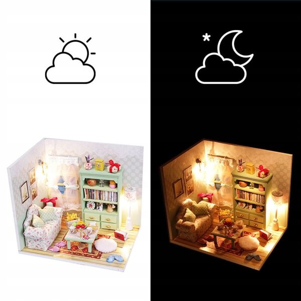 Gemütliches Miniatur-Wohnzimmerhaus mit LED für Puppen – Bausatz aus Holz und MDF
