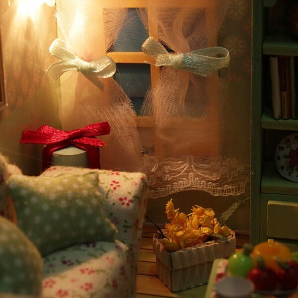 Gemütliches Miniatur-Wohnzimmerhaus mit LED für Puppen – Bausatz aus Holz und MDF