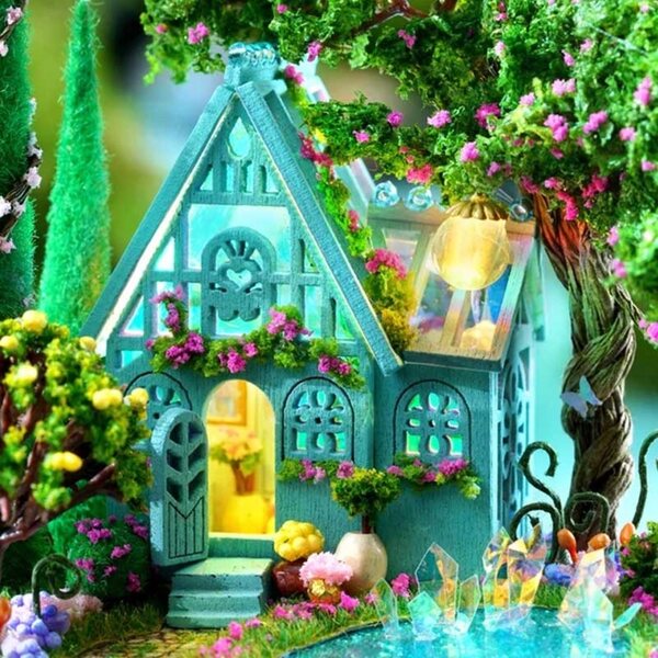 DIY Turkusowe Jezioro Miniaturhaus mit LED-Lichtern und Holzdetails für Kinder