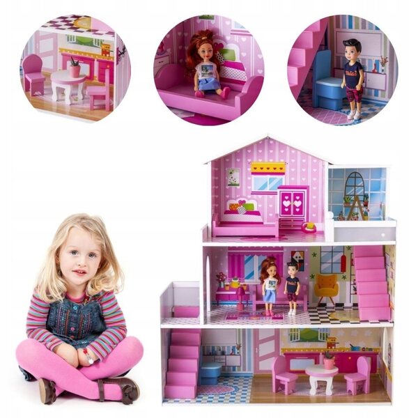 Casa delle bambole Kathay Haster 70 cm - Villa in legno a tre piani con mobili