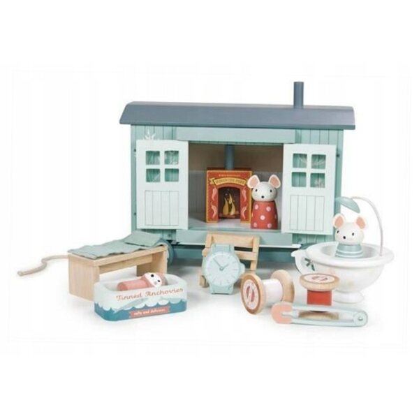 Tender Leaf Toys Chatka auf Rädern für Holzmaus mit Zubehör und Figuren