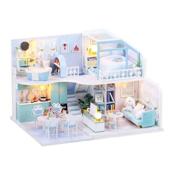 Miniatura Casa Bimbi con LED Camera Azzurra e Animali, Materiale Legno