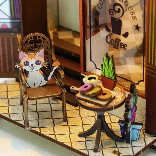 Miniatura Book Nook DIY Domestico in Legno con LED - Colazione in Città