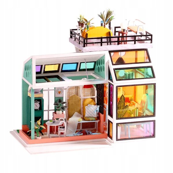 Dollhouse Habarri 001 14 cm con LED e giardino sul tetto in legno per bambini 7+