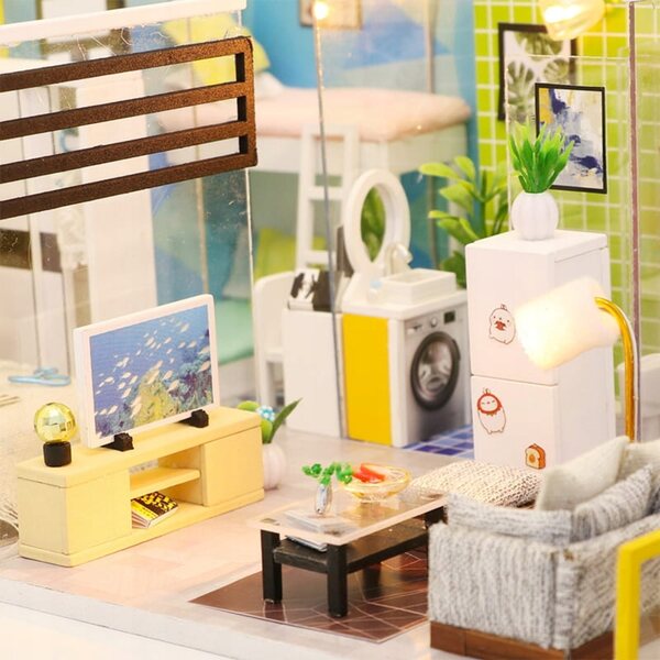 Habarri 11 cm DIY-Puppenhaus mit LED-Beleuchtung – Miniatur-Holzset
